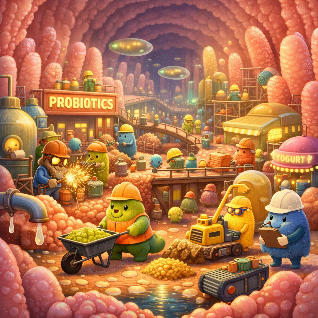 Cartoon microbes wearing construction helmets working in a probiotics factory inside a gut-like setting