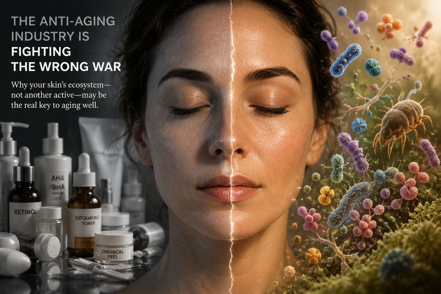Split screen showing a woman's face. One side features clinical skincare bottles like retinol and peels, representing the anti-aging industry. The other side shows a vibrant microscopic ecosystem of bacteria, fungi, and mites, representing the skin microbiome.